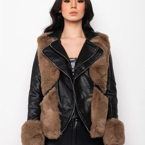 NWT Azalea Wang Faux Fur Leather Moto Jacket -Black & Brown - Size 1X - Picture 1 of 16